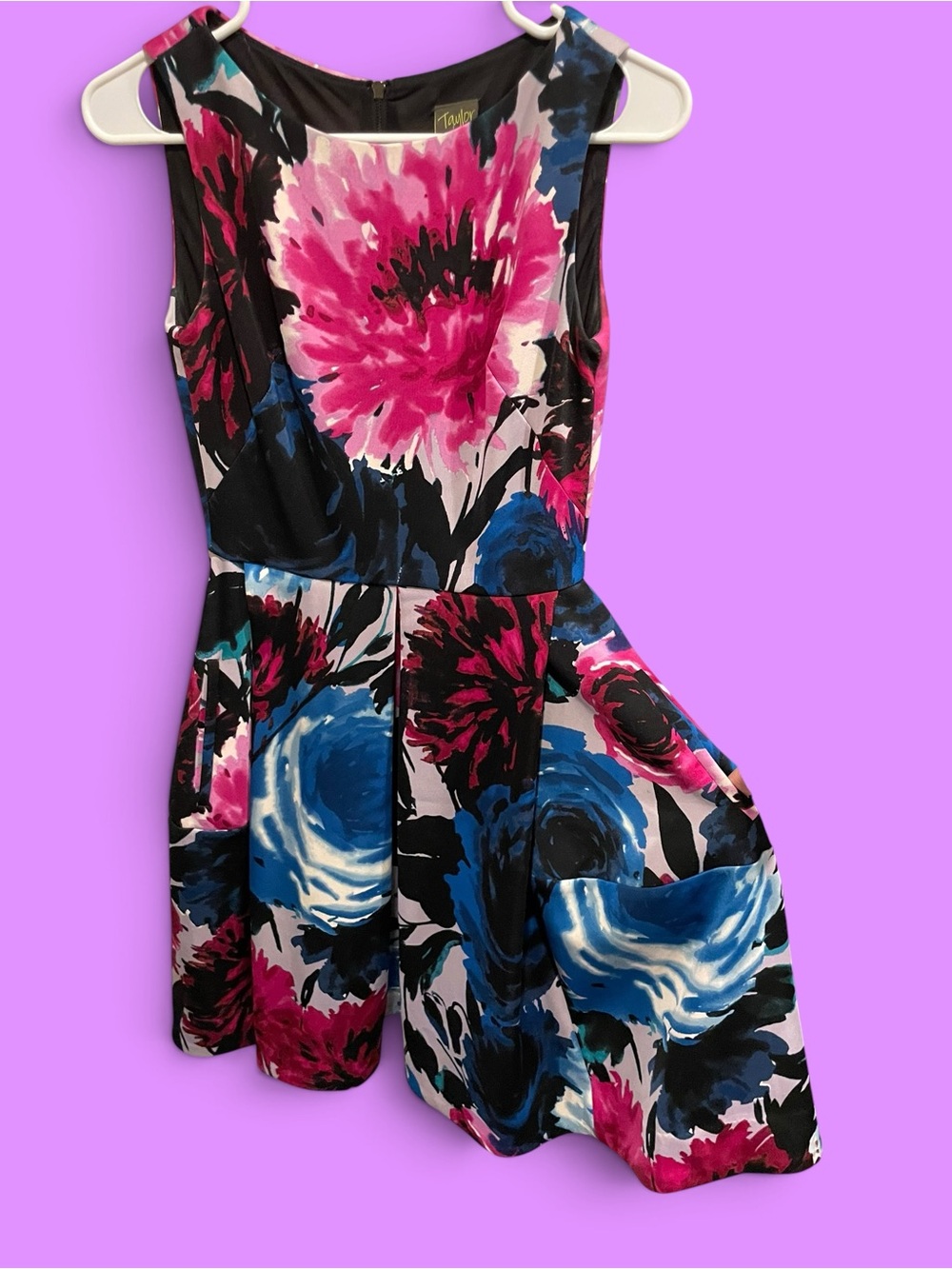 Taylor stretch fit and flare mini dress pockets floral pink pop blue roses fairy